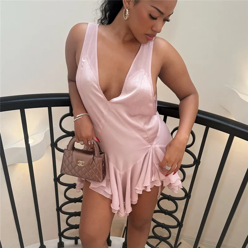 Elegant Silky Satin Mini Dress Women Deep V Neck Backless Sleeveless Irregular Flowy Ruffle Hem Slim Bodycon Short Dress