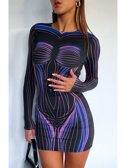 3d Body Printed Bodycon Dress Casual for Women Fall 2023 Fashion Long Sleeve Short Dresses Female Clothing