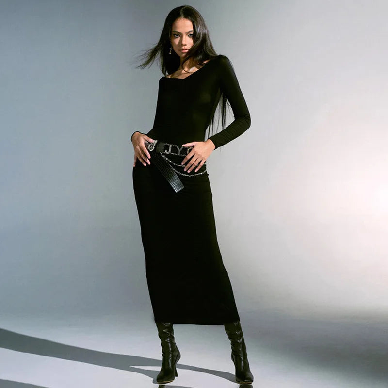 Dragon Print Mesh See Through Black Sexy Long Dresses for Women Y2k 2000s Aesthetic Long Sleeve Bodycon Dress