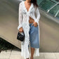 Women White Lace Long Cardigan Ruffle V Neck Long Sleeve Sheer Mesh Open Front Maxi Cover Up Beach Swimwear Coverup