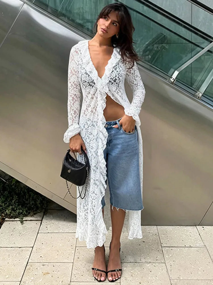 Women White Lace Long Cardigan Ruffle V Neck Long Sleeve Sheer Mesh Open Front Maxi Cover Up Beach Swimwear Coverup