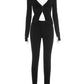Simple Tracksuits 2-Piece Set Women Chest Hollow Long Sleeve Cardigan+Zip Pants Marching Stretch Skinny Sexy Clubwear