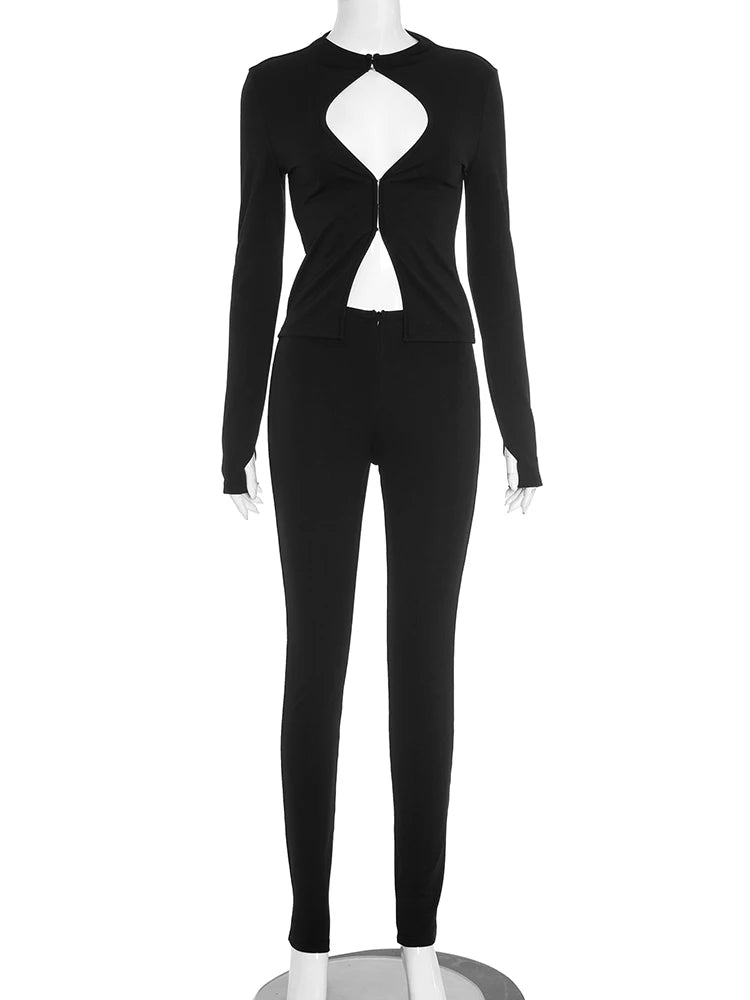 Simple Tracksuits 2-Piece Set Women Chest Hollow Long Sleeve Cardigan+Zip Pants Marching Stretch Skinny Sexy Clubwear