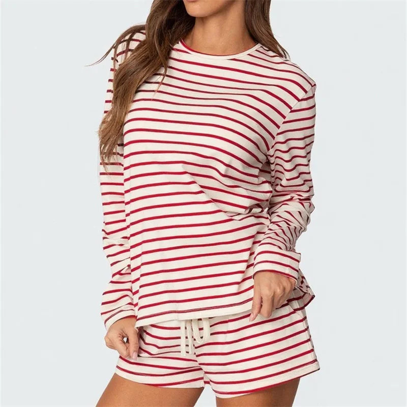 Women Striped Loungewear 2 Piece Casual Sleepwear Set Female Long Sleeve T shirt and Shorts Comfy Casual Homewear
