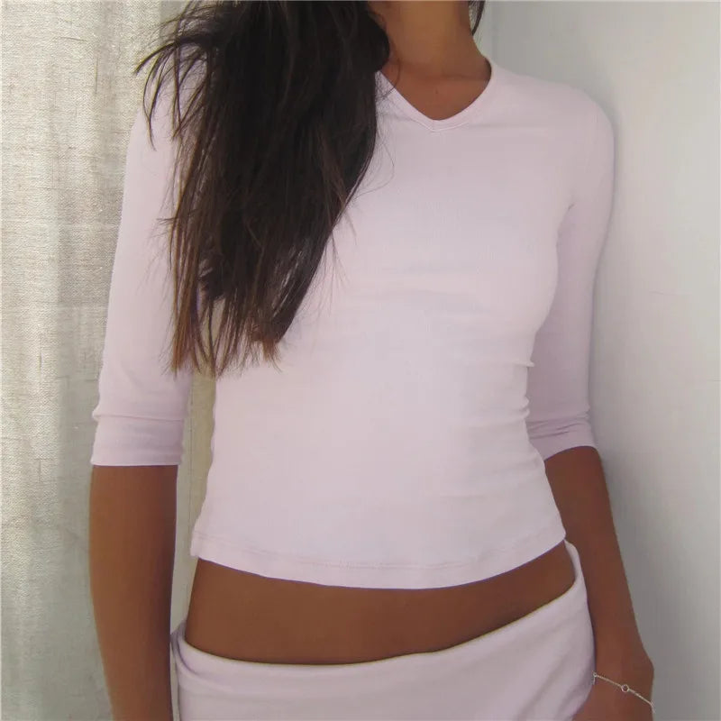 Y2K Women Solid V Neck 3/4 Sleeve Cropped Top Stretchy Slim Fitted Basic T Shirt Casual Daily Short Blouse Spring Autumn