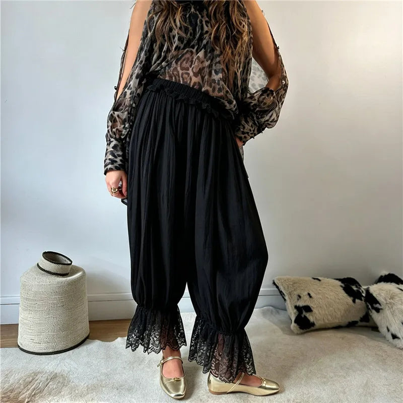 Casual Lace Trim Bloomers Women Ruffle Elastic Waist Loose Harem Trousers Lace Ankle Cuff Daily Vacation Baggy Pants