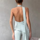 Sexy Backless Satin Halter Top Asymmetrical Hem Sleeveless Blouse with Flowing Strap for Nightclub and Party Events
