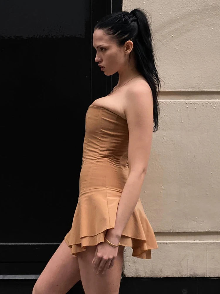 Sexy Strapless Dress Women Double-Deck Mesh Solid Simple Elegant Stretch Skinny Clubwear Summer Fashion Mini Bodycon