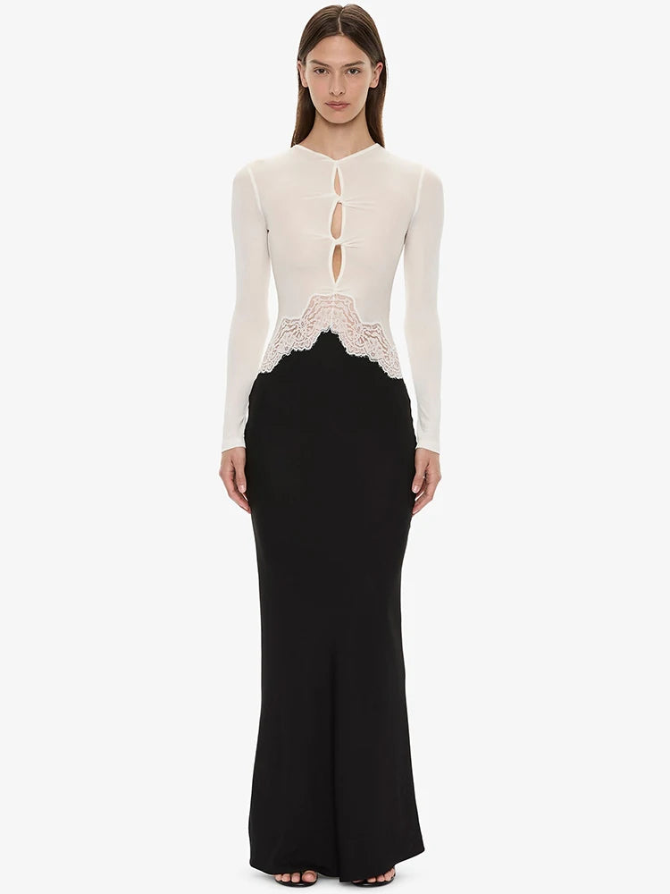 Women Color Block Maxi Dress Long Sleeve Cutout Mesh Top With Lace Trim Bodycon Mermaid Long Evening Party Dress