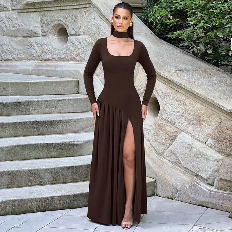 Long Sleeve Split Dresses for Woman Clothing Autumn Elegant Long Party Dresses with Scarf