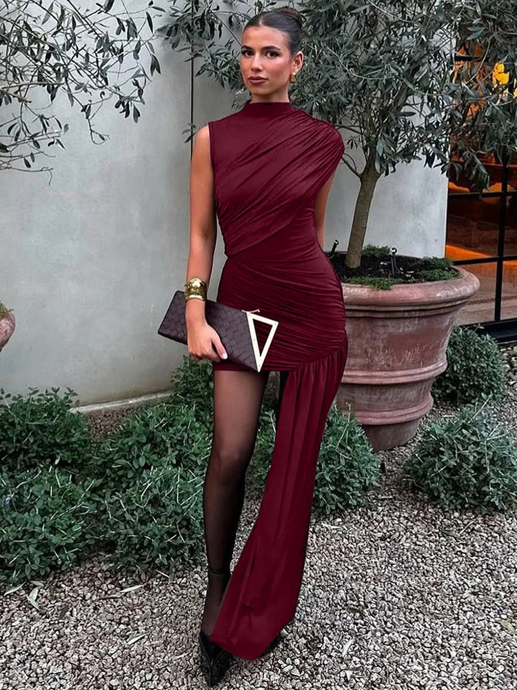 Irregular Draped Ruched Sexy Mini Dress For Women Elegant Turtleneck Sleeveless High Waist Pleated Club Party Dress