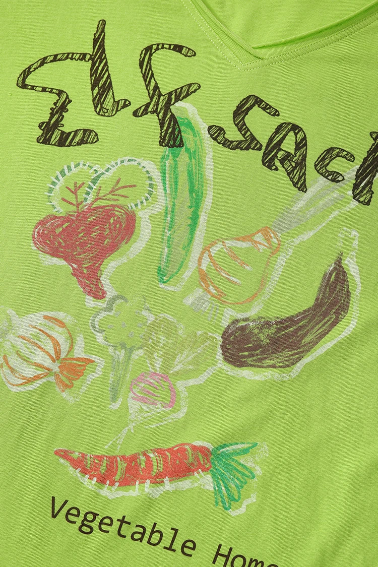 Women's V Neck Short Sleeve Tee with Hand Drawn Vegetable Print, Irregular Hem Loose T-shirt for Daily, Casual Soft Knit