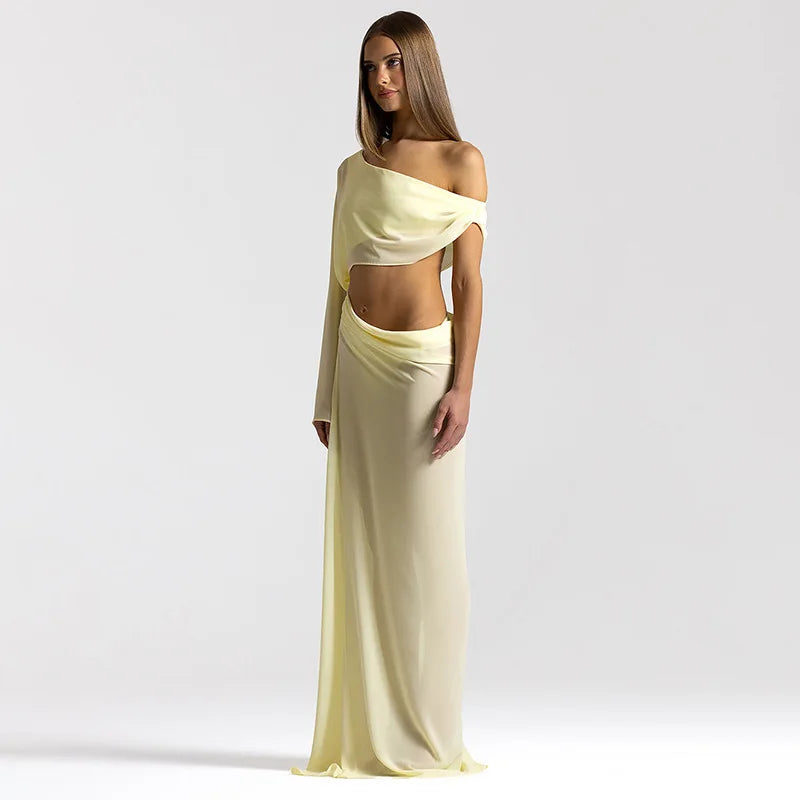 Transparent Chiffon One Shoulder Cut Out Long Sleeve Maxi Dress Woman Elegant Yellow Black Evening Dresses