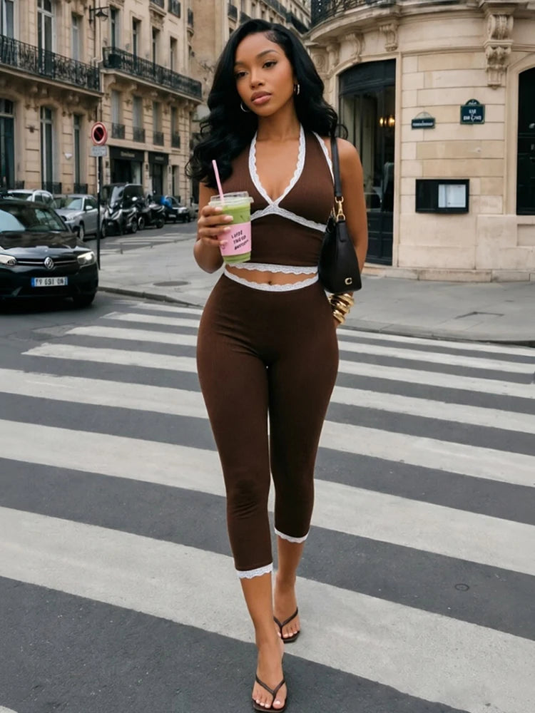 Patchwork Lace 2piece Set Women Halter Bandge Bckless v-Neck Vest+Elastic Waist Short Sexy Stretch Fashion Streetwear