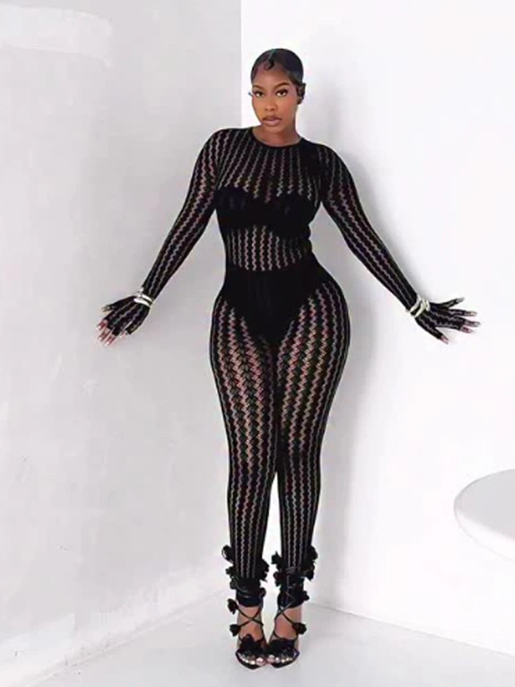 Sexy See Through Jumpsuit Women Coquette o-Neck Full Sleeve Stretch Hipster Skinny Fit 2026 Spring Clubwear Overalls