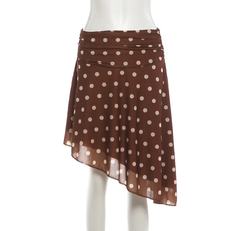 Brown and White Polka-dot Asymmetrical Midi Skirt for Woman Clothing