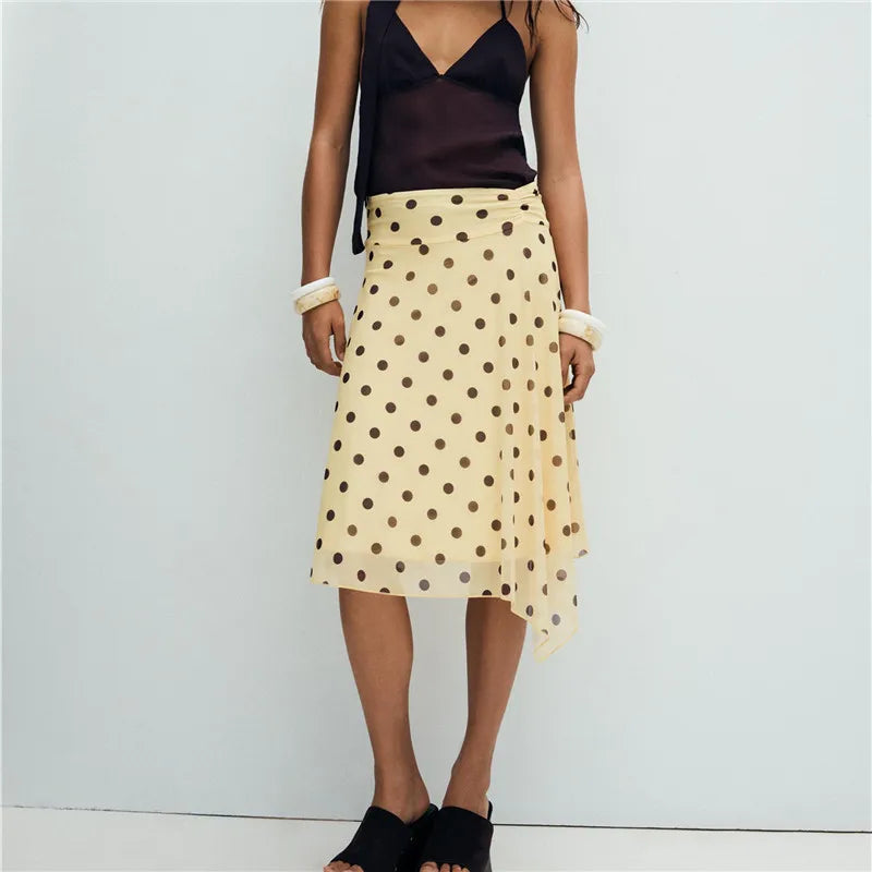 Women Polka Dot Midi Skirt Asymmetric Hem High Waist Ruched Flowy Skirt Y2K Aesthetic Streetwear Summer Beach Skirt