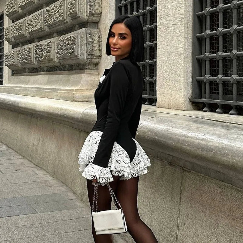 Deep V Neck Long Sleeve Shorts Jumpsuit Sexy Lace Patchwork One Piece Black Outfits Boutique Clothing Woman