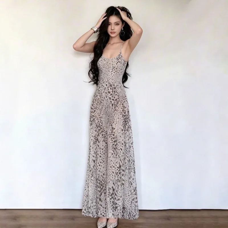 Leopard Print Mesh Sheer Spaghetti Strap Maxi Dress Elegant Flowing A-line Dresses for Woman Vacation Outfits