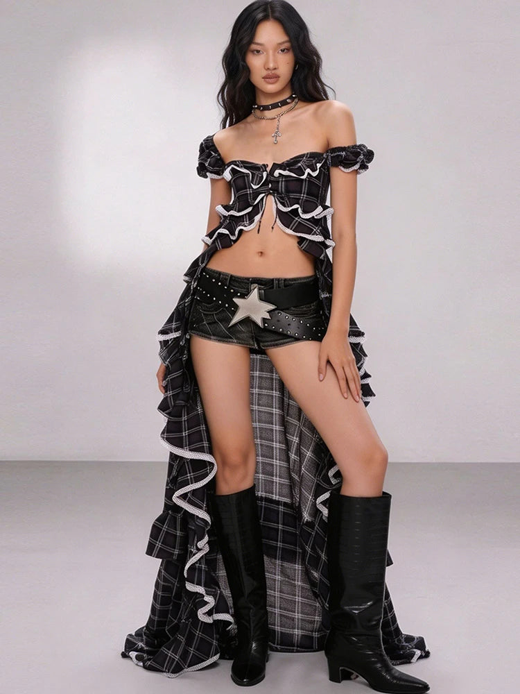 Slash Neck t-Shirts Women Ruffles Irregular Hem Plaid Bandage Music Festival Fashion Hottie Sexy Style Streetwear