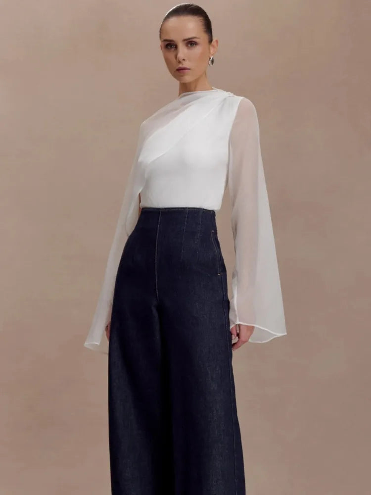 Chiffon Sheer White Sexy Shirt Women Elegant Summer Long Sleeve Cape Sleeve Backless T-shirt Female Fashion Tees