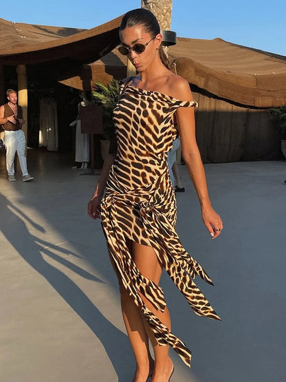 Fashion Tiger Stripe Print Dress Women Slash Neck Bandage Tassels Folds Sexy Beach Party Midnight Coquett Mini Bodycon