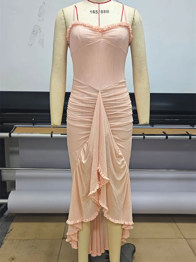 Ruffled Draped Ruched Sexy Maxi Dress For Women Yellow Spaghetti Strap Sleeveless Backless Club Party Sexy Long Dress