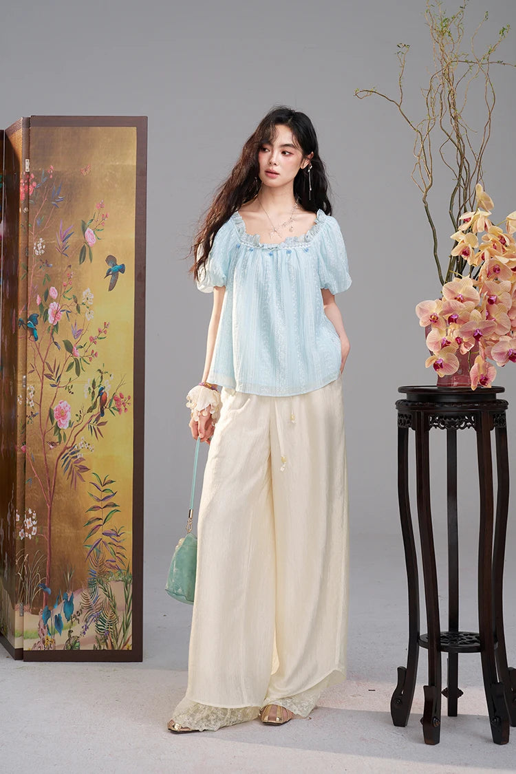 Women's Lace Embroidered Square Neck Blouse, Puff Sleeve Ruffle Neck Casual Loose Top
