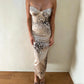 Cheetah Print Bodycon Bandage Dress Woman Elegant Sexy Spaghetti Strap Backless Split Long Dresses