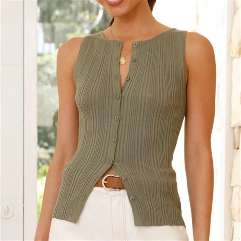 Fashion Women Button Down Vest Ribbed Summer Tank Tops Button Up Open Front Shirts Sleeveless Slim Fit Dressy Top
