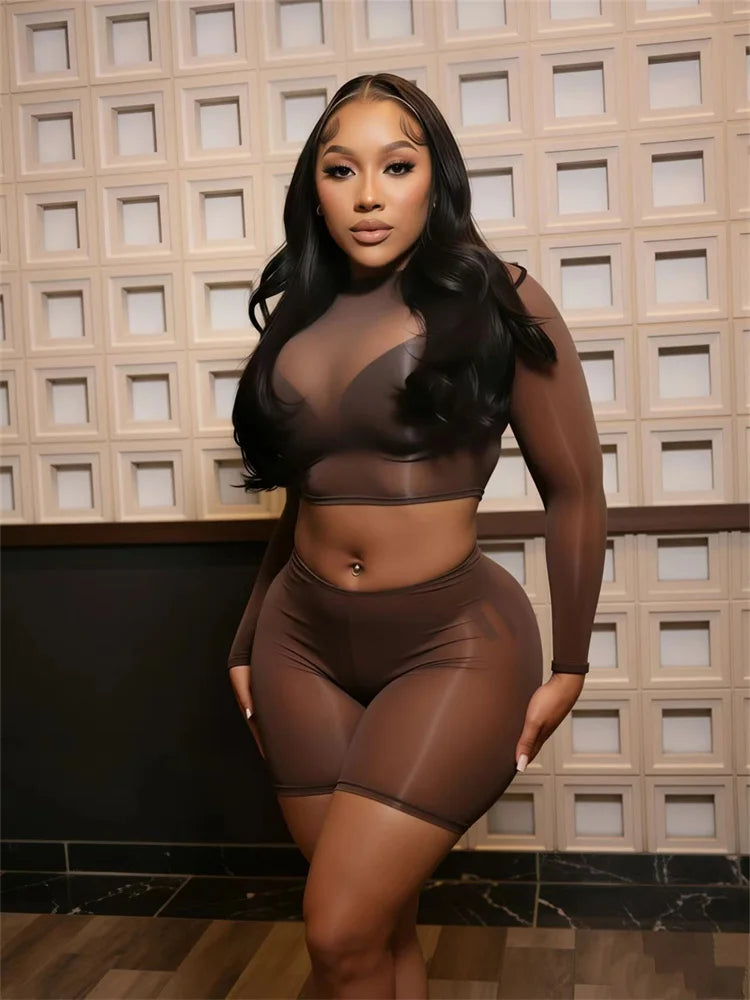 Sexy  See Through 2-Piece Set Women Full Sleeve o-Neck Crop Tops+Simple Elastic Waist Short Slim Midnight Hottie Suit