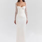 Lace Long Sleeve Sexy Maxi Dress For Women White Square Collar Backless Back Split Bodycon Club Party Long Dress