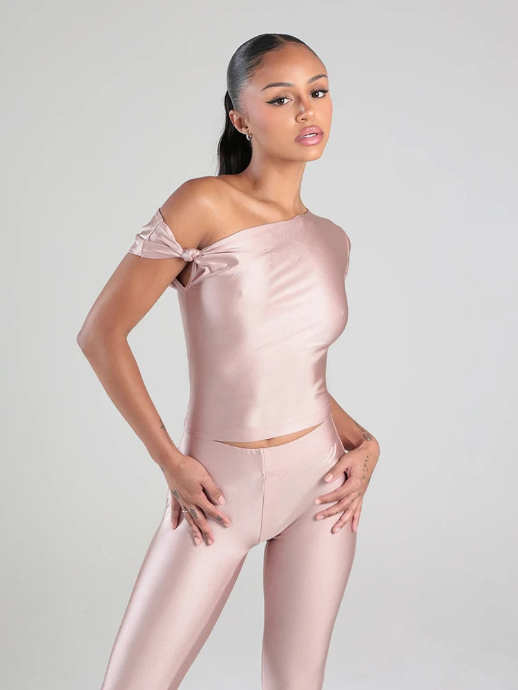 Sexy Irregular Knot 2-Piece Set Women Diognal Collar Crop Top+Capri Pants Stylish Solid Hottie Street Slim Outfits