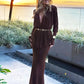 Elegant 2 Piece Set Women V-Neck Shoulder Pads Long Sleeves Folds Tops+Long Skirts Solid Banquet Party Fashion Suits