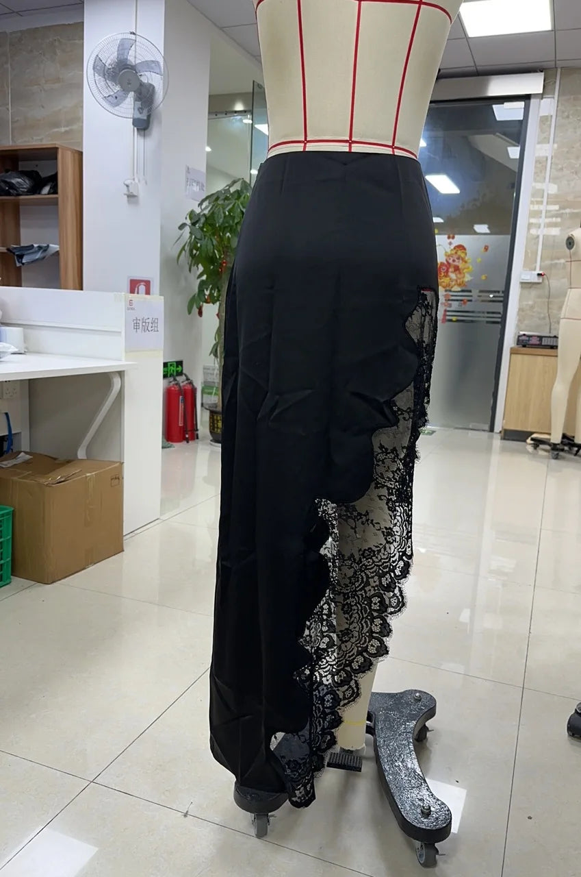 Satin Lace Trim Maxi Skirt Elegant Women's High Slit Asymmetrical Hem Silky Long Skirt Sexy Evening Party Club Outfit