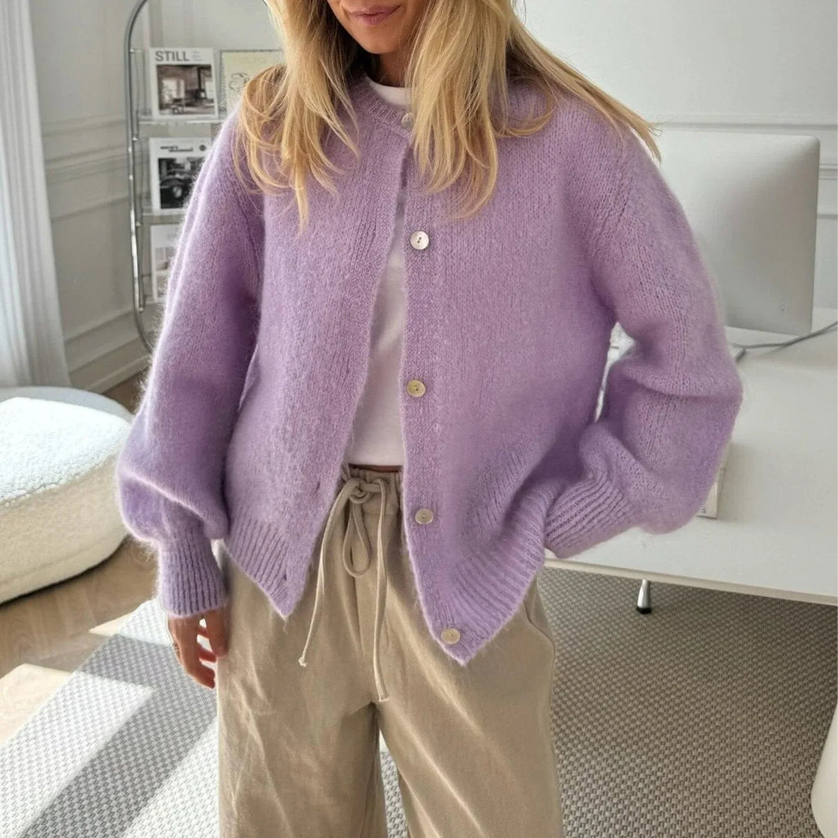 Women's Solid Color Cardigan Fuzzy Long Sleeve Button Down Sweater Soft Knit Tops Winter Fall Outerwear Y2K Clothes