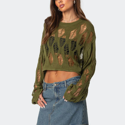 Women Knit Hollow Out Sweater Long Sleeve Crew Neck Ribbed Solid Pullover Crop Top Winter Fall Y2K Vintage Streetwear