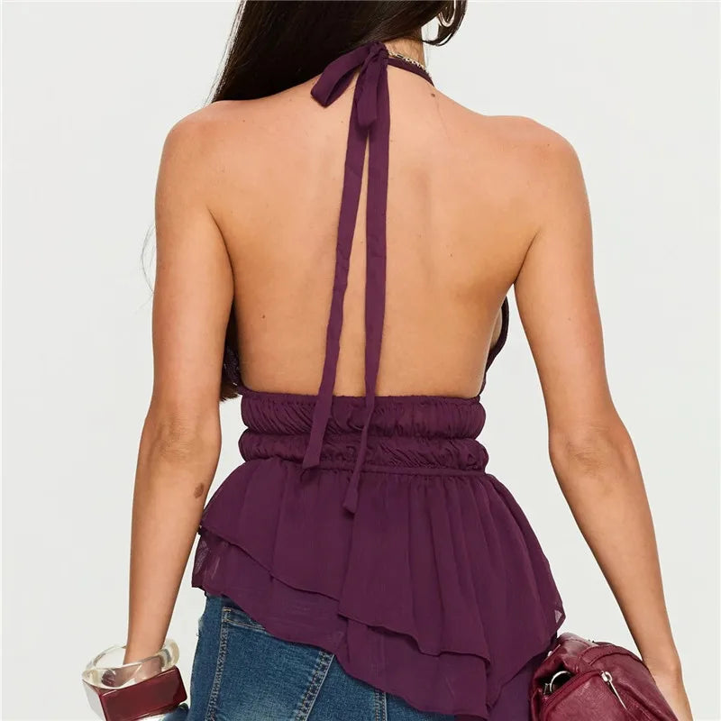 Halter Top Women Deep V Neck Chiffon Peplum Blouse Sleeveless Backless Tie Back Ruched Waist Casual Summer Party Top
