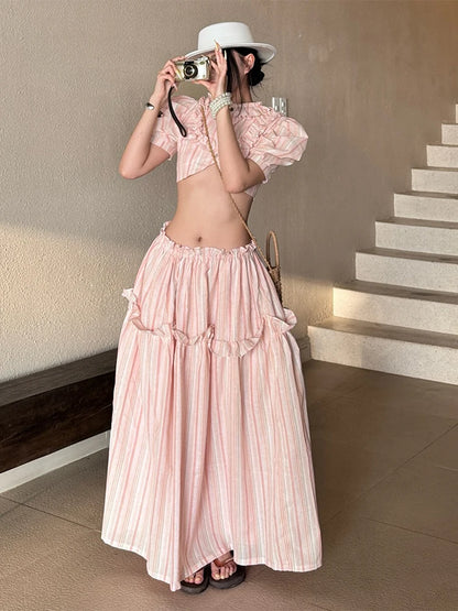 Stripe Print 2-Piece Set Women Y2K Button Puff Sleeve Irregular Crop Top+Edges Skirts Summer Streetwear Matching Suit