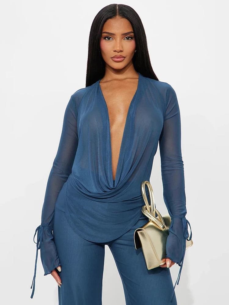 See Through Women 2 Piece Set Sexy Coquette Full Sleeve Swing Collar Tees+Straight Pants Simple Matching Clubwear