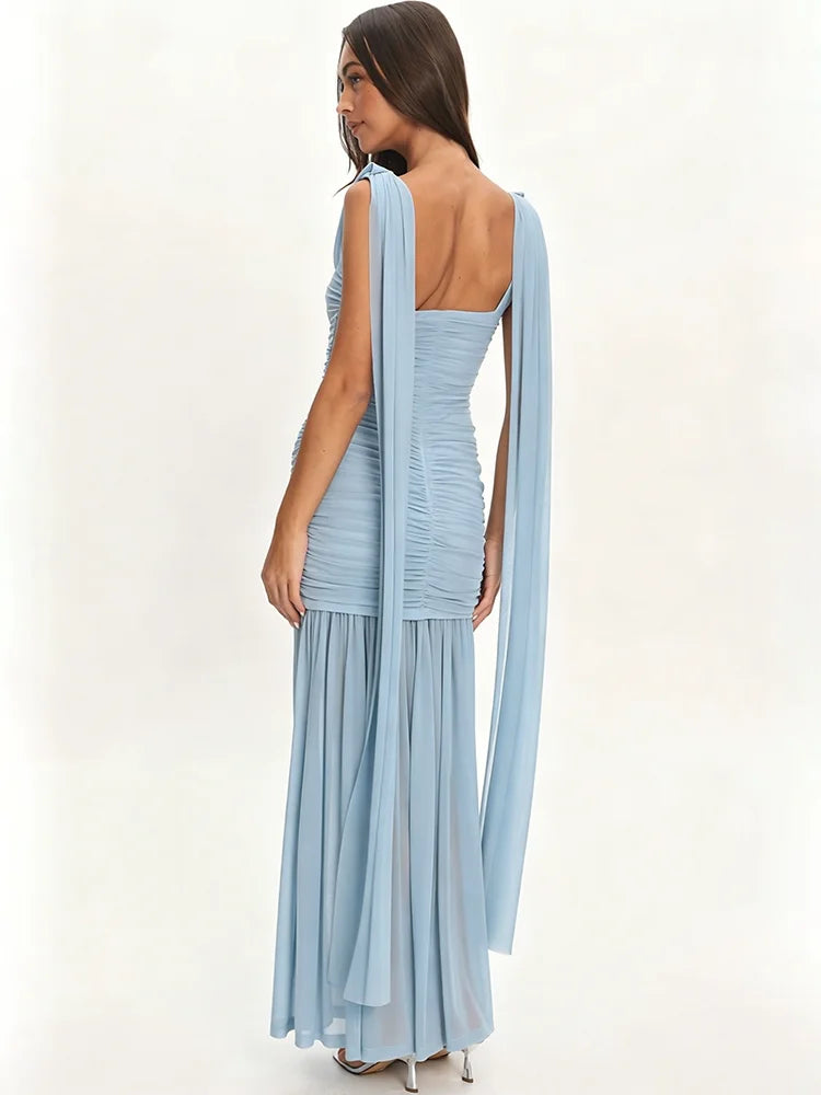 Women Draped Cowl Neck Mesh Maxi Dress Sleeveless Ruched Bodycon Long Dress Side Split Flowy Party Evening Long Dresses