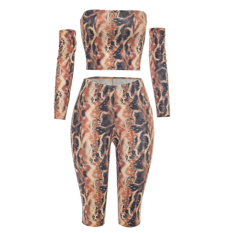 Snake Print 3 Piece Set Women Sexy Hottie Tank Top+Arm Sleeve+Capri Pants Fashion Midnight Street Party Club Suits