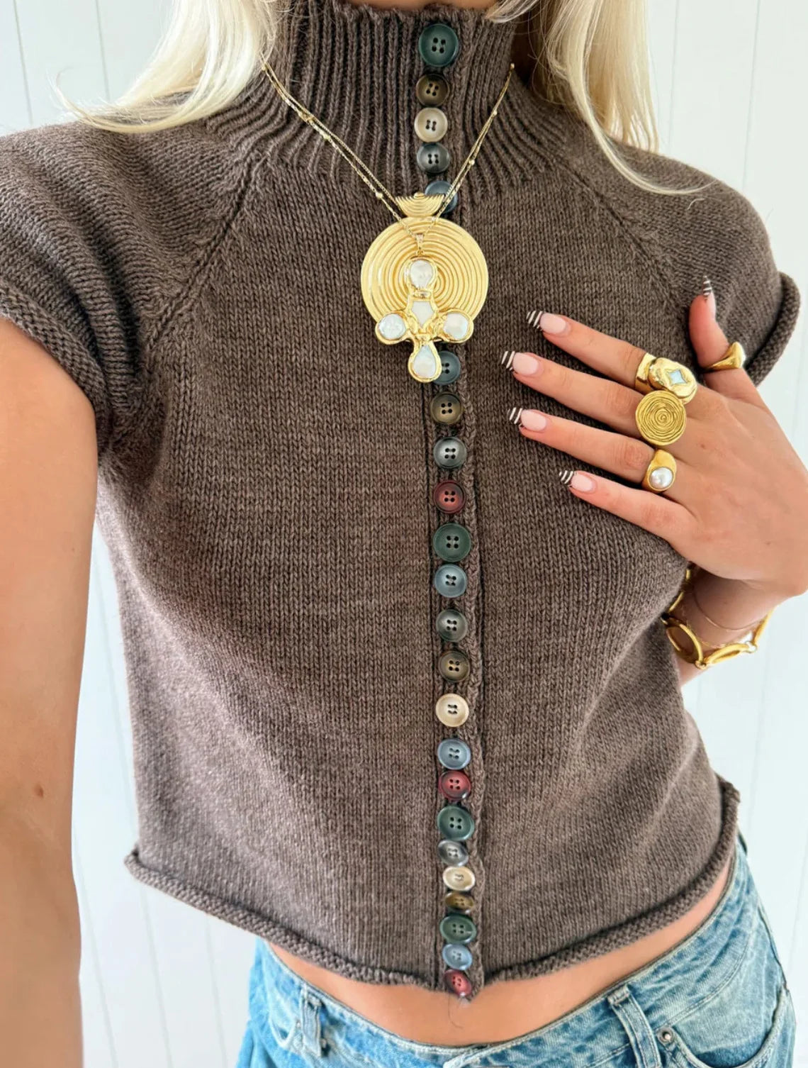 Women Turtleneck Knit Vest Colorful Button Sleeveless Sweater Top Y2K Cropped Knitwear Short Sleeve Cardigan Casual