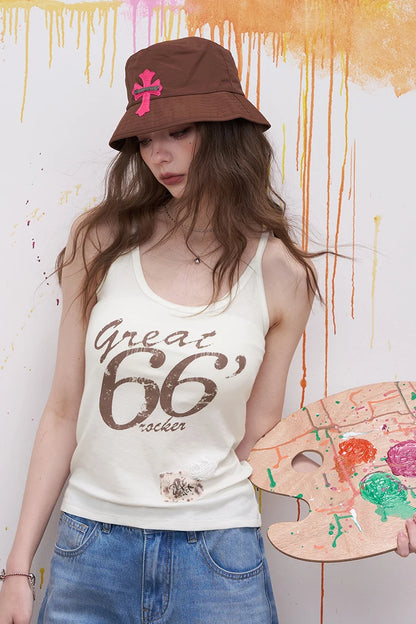 Y2K Rocker Cami Top with Distressed Patch, Vintage Grunge Tank Top for Women, Retro Aesthetic Streetwear Slim Vest