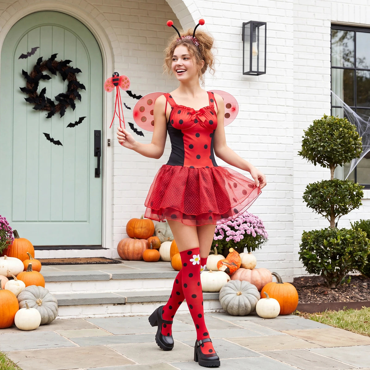 Womens Ladybug Halloween Costume Polka Dot Tutu Dress With Wings Antenna Wand Socks Lady Beetle Cosplay Party Outfit