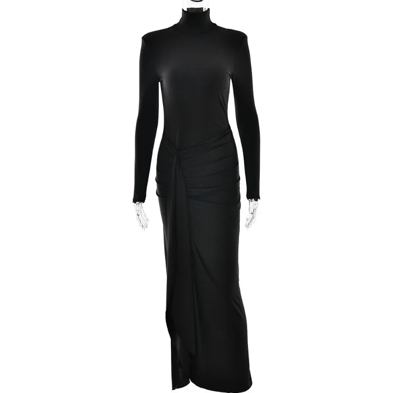 Long Party Elegant Dress Turtleneck Long Sleeve High Split Maxi Dresses Women Clothing Winter