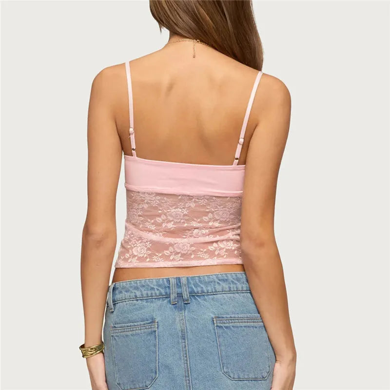 Women Lace Cami Top Spaghetti Strap Cutout Bustier Sheer Floral Mesh Cropped Tank Top For Summer Casual Streetwear