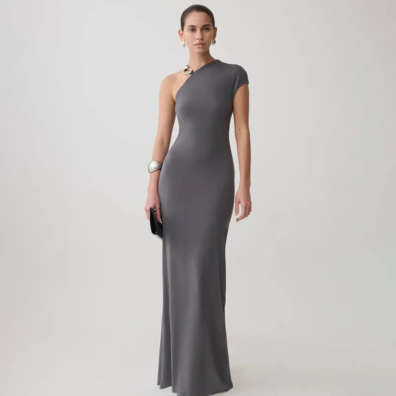One Shoulder Asymmetric Maxi Dress with Hardware Elegant Black Party Dresses for Woman