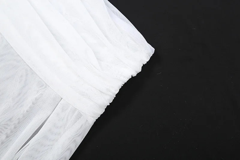 White Mesh Sheer 2 Piece Set Turtleneck Flared Sleeve Top Split Skirt Sexy Outfits Women's Matching Sets