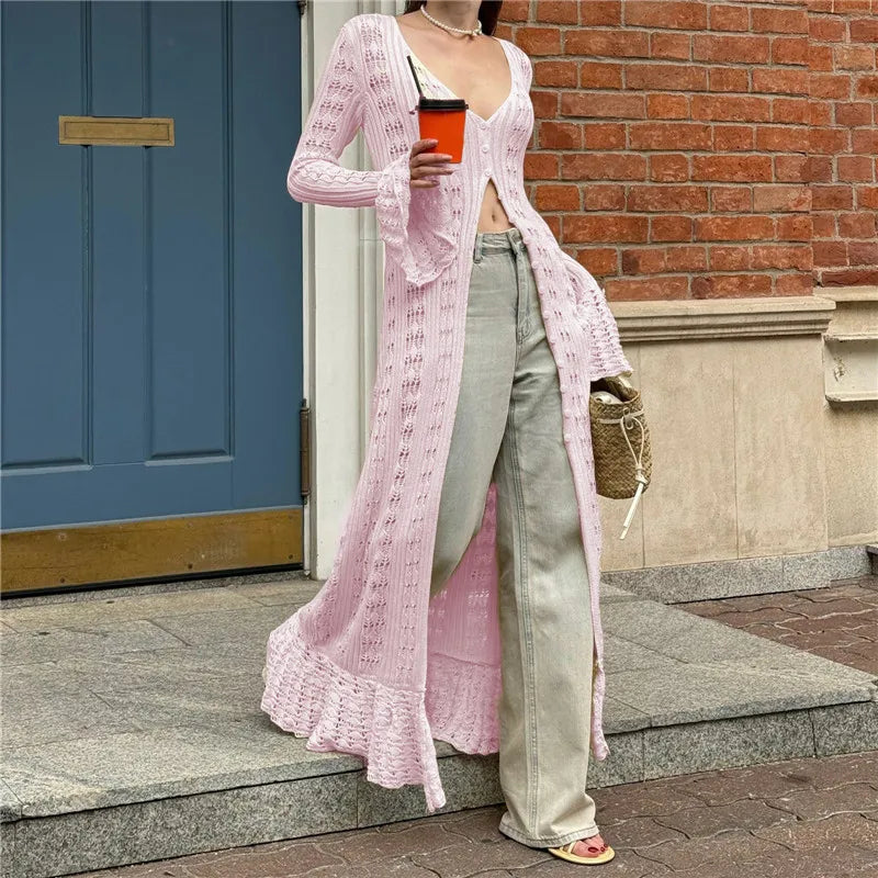 Button Front Long Sleeve Sheer Open-knit Long Cover-up Jacket Women Autumn Beach Vacation Outfit Maxi Cardigan